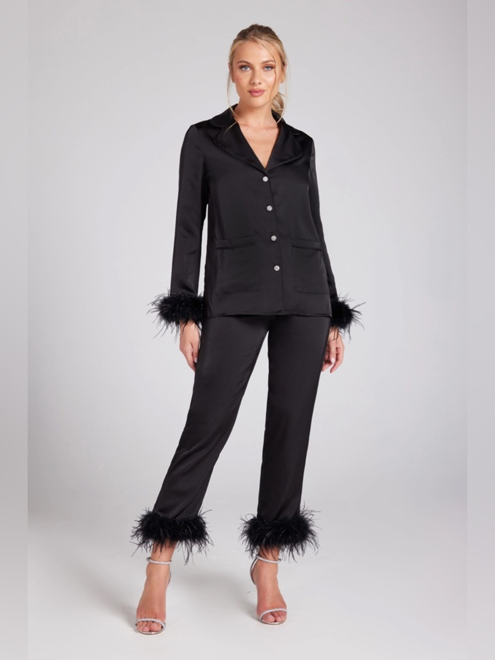 Nadine Merabi Silk Pyjama Pants with Feathers